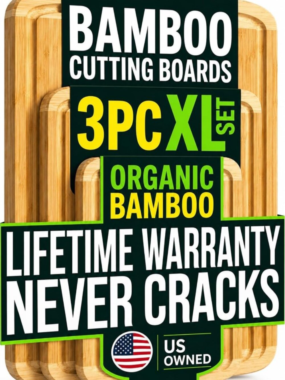 Extra Large Bamboo Cutting Board Set of 3 - Durable, Lightweight, Kitchen